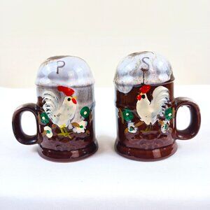 Vintage Ceramic Rooster Salt Pepper Shakers Brown & Handpainted Japan 4" Mug